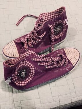 RARE unique Purple High-Top Canvas Sneakers with Rhinestone Toe and Gingham Trim